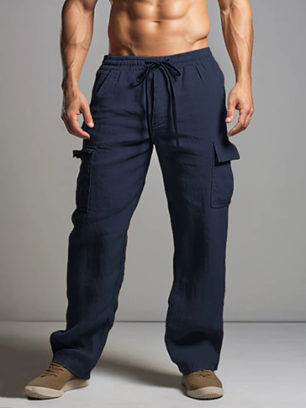 Men's Daily Cargo Pocket Drawstring Elastic Waist Cotton Linen Straight Leg Pants