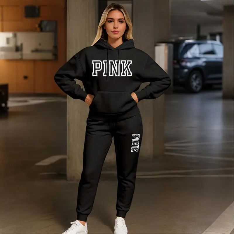 Women's Pink Print Hoodie And Drawstring Track Pants Set, Casual Sportswear