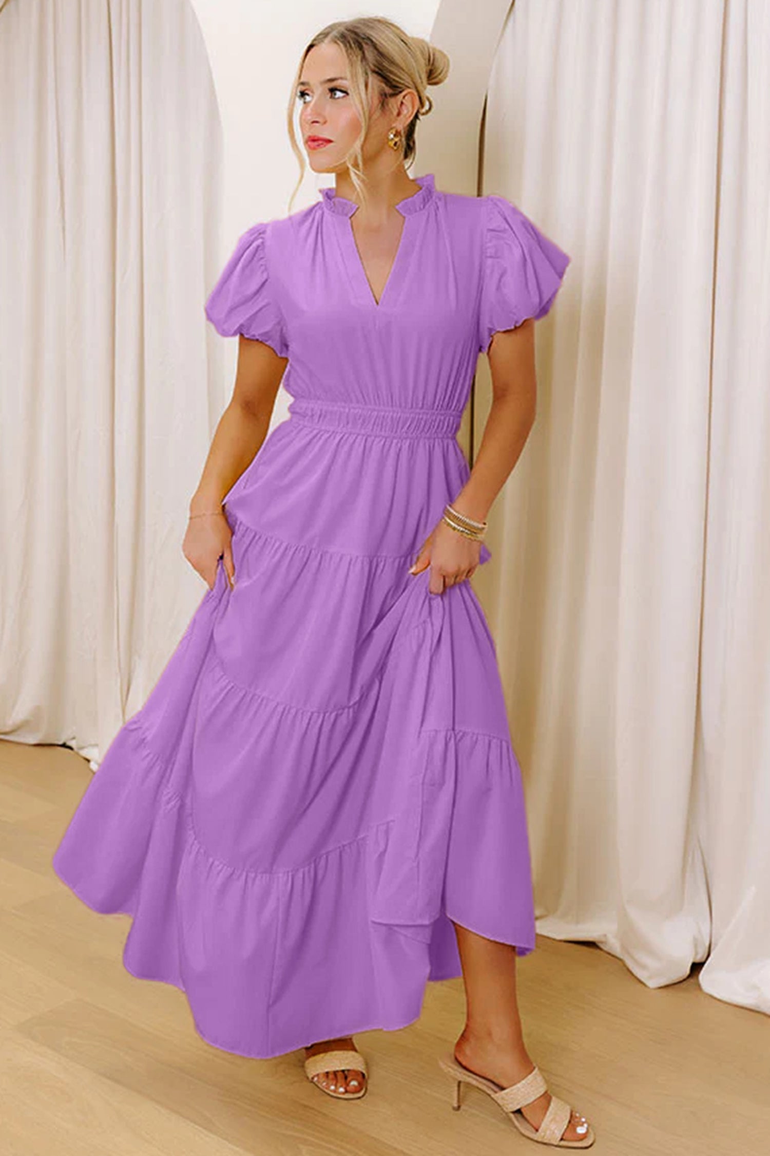 Coral Solid Color V Neck Short Puff Sleeve High Waist Tiered Maxi Dress