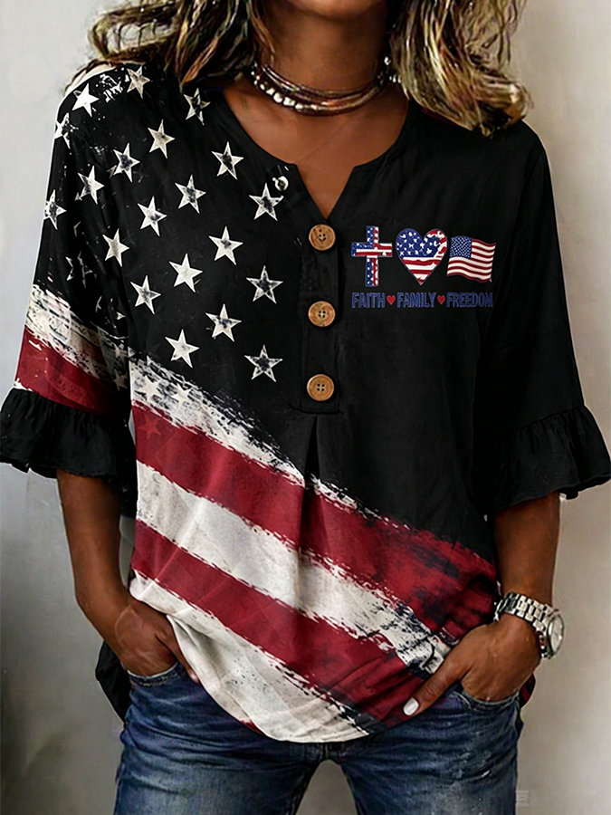 Women's Faith Family Freedom Flag Cross Ruffle Sleeve Henley Blouse