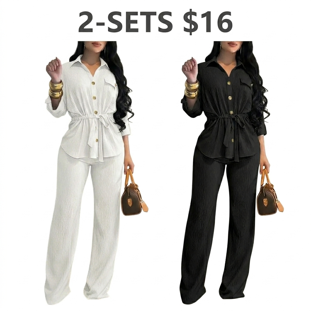 Women's 2 Piece Outfit Vintage Textured Drawstring Waist Turn-down Collar Button Down Top & Elastic Waist Wide Leg Pants Set