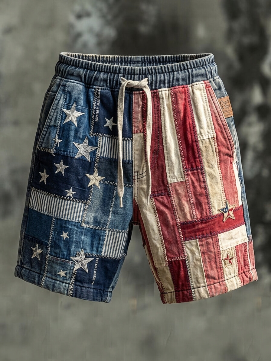 Men's American Flag Patchwork Vintage Star-Stripe Art Print Casual Shorts