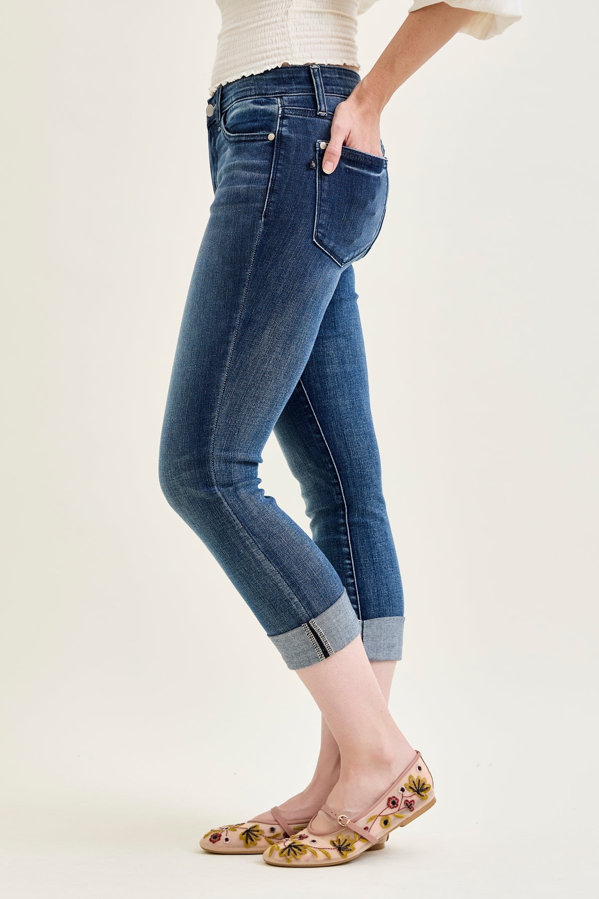 Maddy Mid Rise Dark Wash Cuffed Capri Jeans