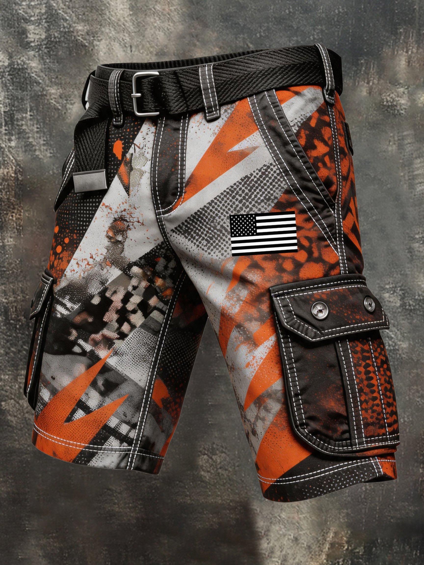 Men's Retro Color-Block Distressed Patriotic Cargo Shorts with Pockets (Belt Not Included)