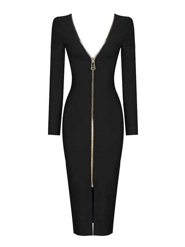 Plunge Reversible Bandage Midi Dress In Black