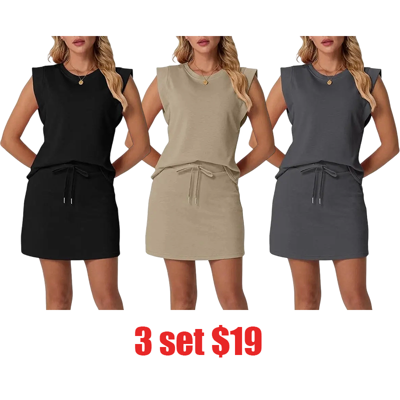 Women's Summer 2 Piece Skort Set – Cap Sleeve Round Neck Top & Tennis Skirt with Pockets for Athletic & Casual Wear