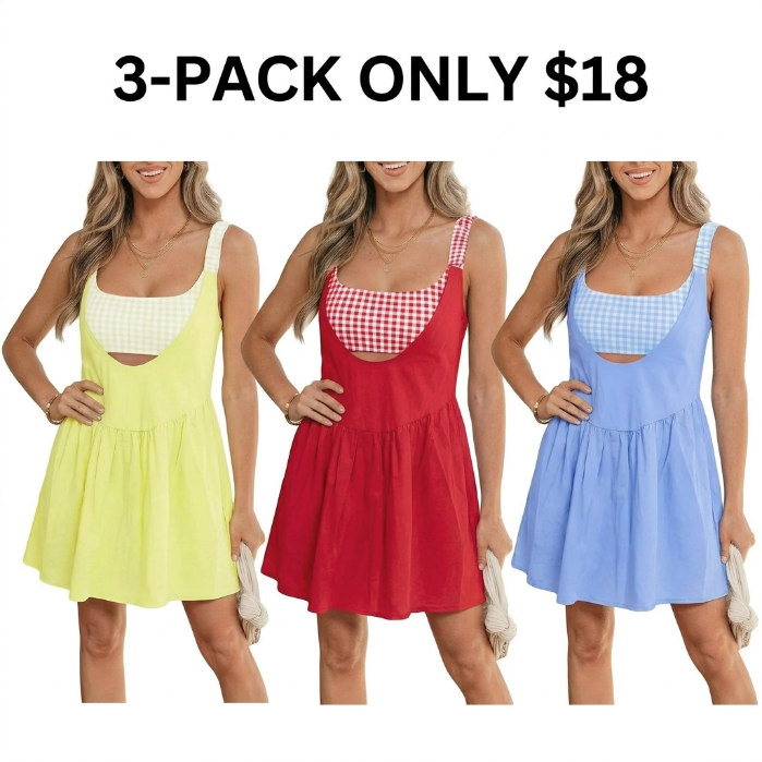 Women's Casual Gingham Contrast Mini Dress - Fake 2-Piece, Athletic Dress