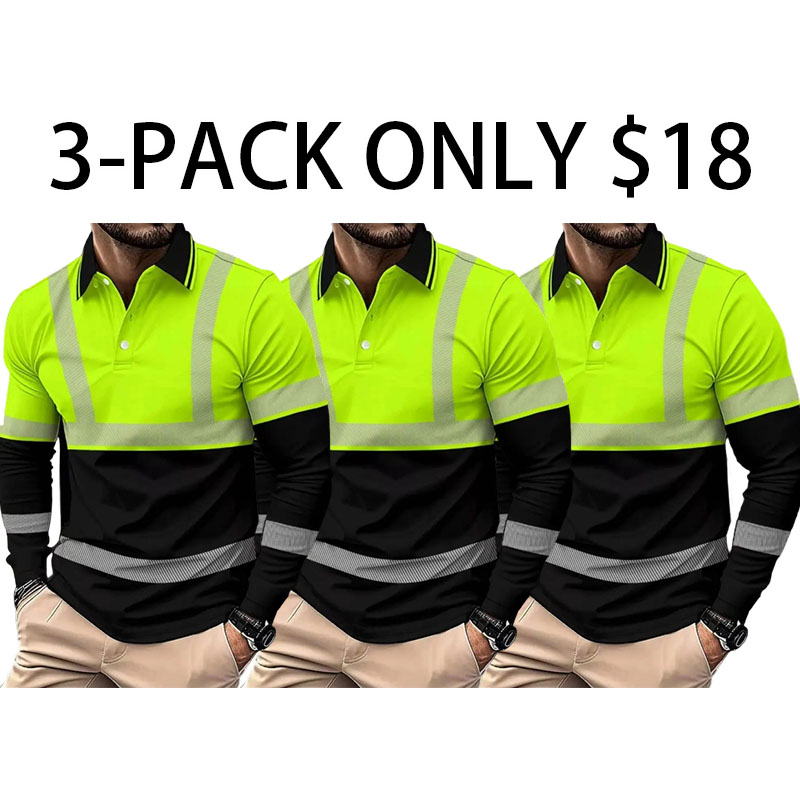Workwear-style Casual men's long-sleeved premium fitted polo shirt -Full-width reflective stripe design