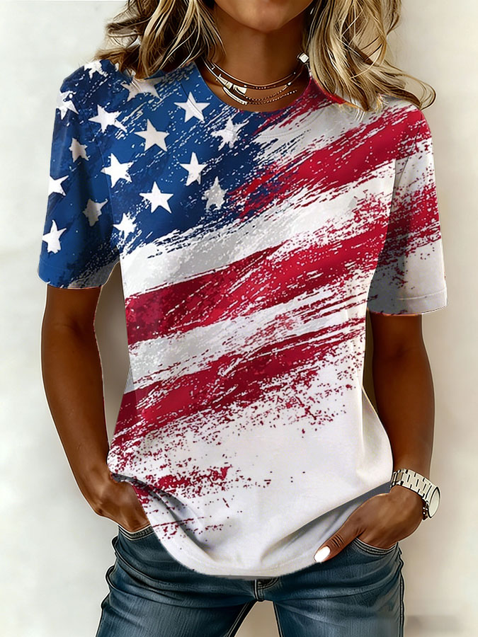 Women'S Retro American Flag Printed Casual T-Shirt