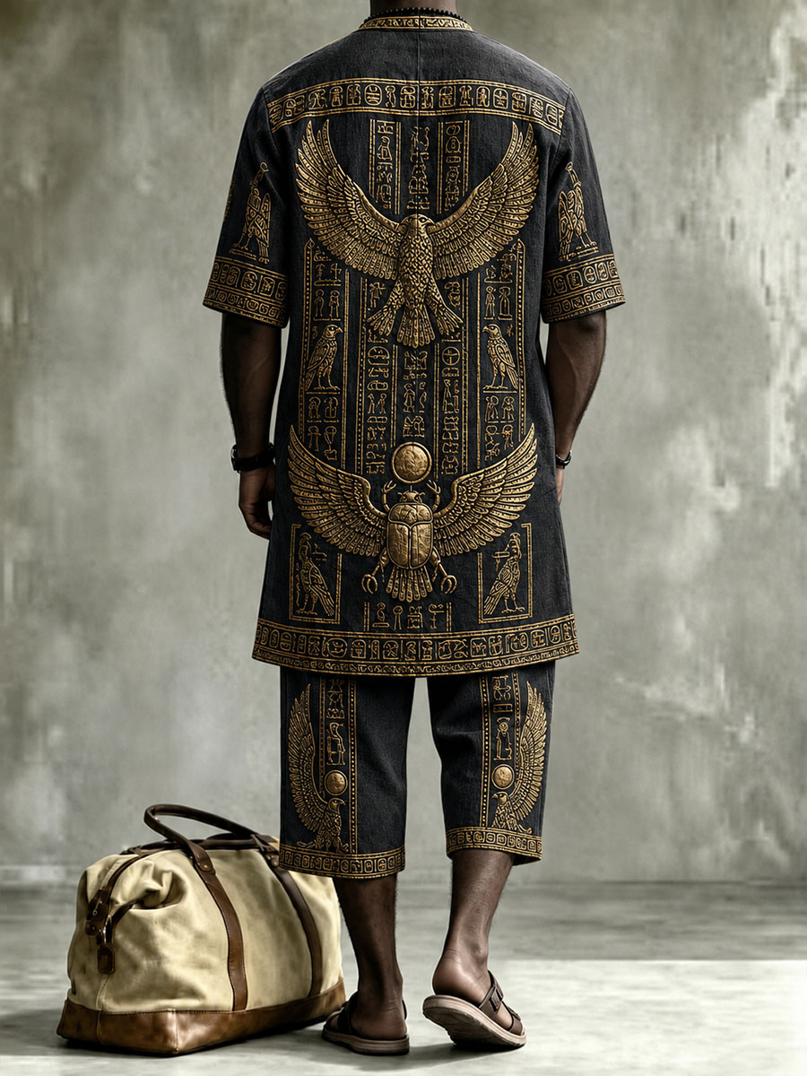 Ancient Egyptian Black & Gold Embossed Men’s Short Sleeve Shirt & Shorts Set