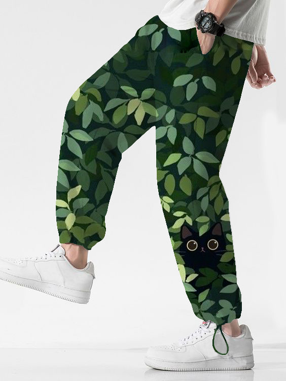 Men's Cute Black Cat Hiding Green Leaves Print Casual Joggers Sweatpants