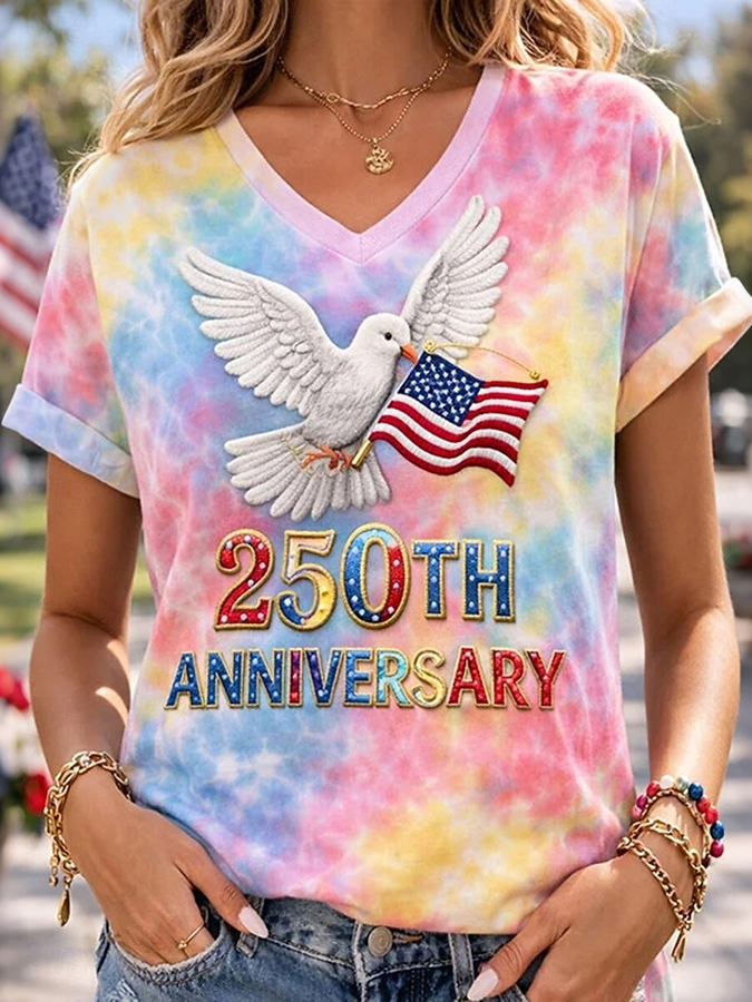 Women'S Casual American Flag Floral Tie Print V-Neck T-Shirt