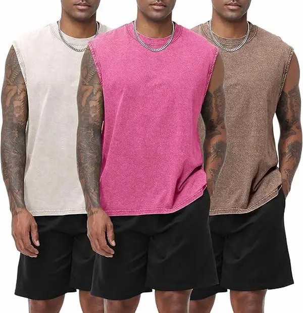 Men's Cotton Sleeveless Muscle Tank Tops Vintage Acid Wash Cutoff Loose Workout Tee Shirts
