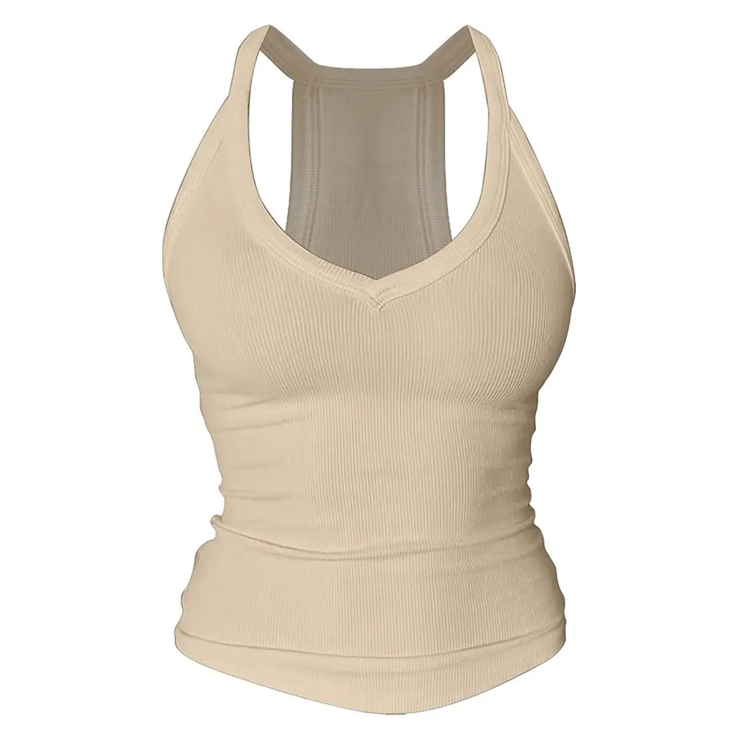 Women's V-Neck Racerback Cotton Tank Top Fitted Cami with Built-In Shelf Bra Basic Sleeveless Shirt