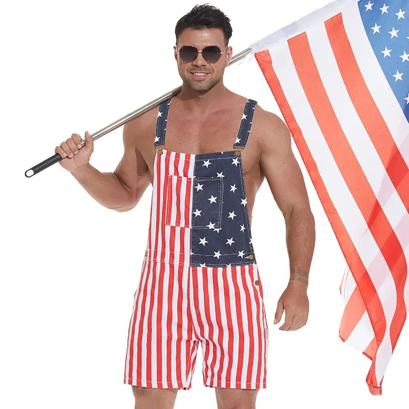 4th of July American Flag Overalls for Men and Women Unisex USA 250th Anniversary Shorts Stretchy Denim Romper Memorial Day Coveralls Patriotic Gifts Summer Wins Wear Independence Day Jumpsuits Fashion Father's Day BBQ Outdoor Menswear