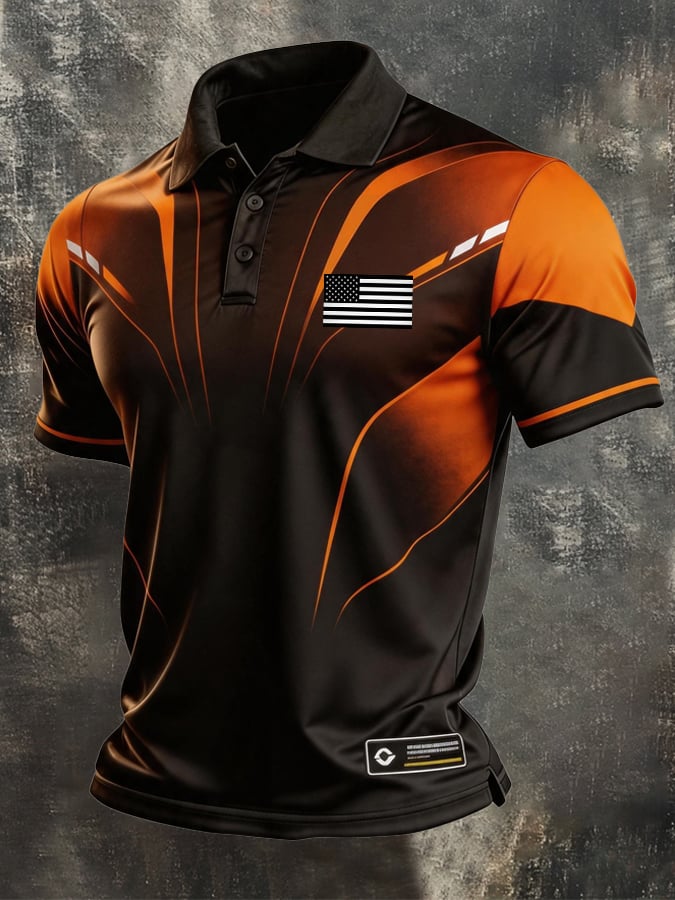 Men's Retro Patriotic Color-Block Short-Sleeve Polo Shirt