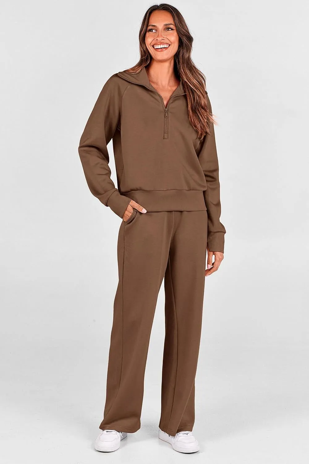 🔥Final Day Clearance!🛒Women's 2 Piece Outfits Casual Lapel Half Zip Sweatshirts And Wide Leg Pants Tracksuit Sets🔥8-PACK ONLY $28🔥