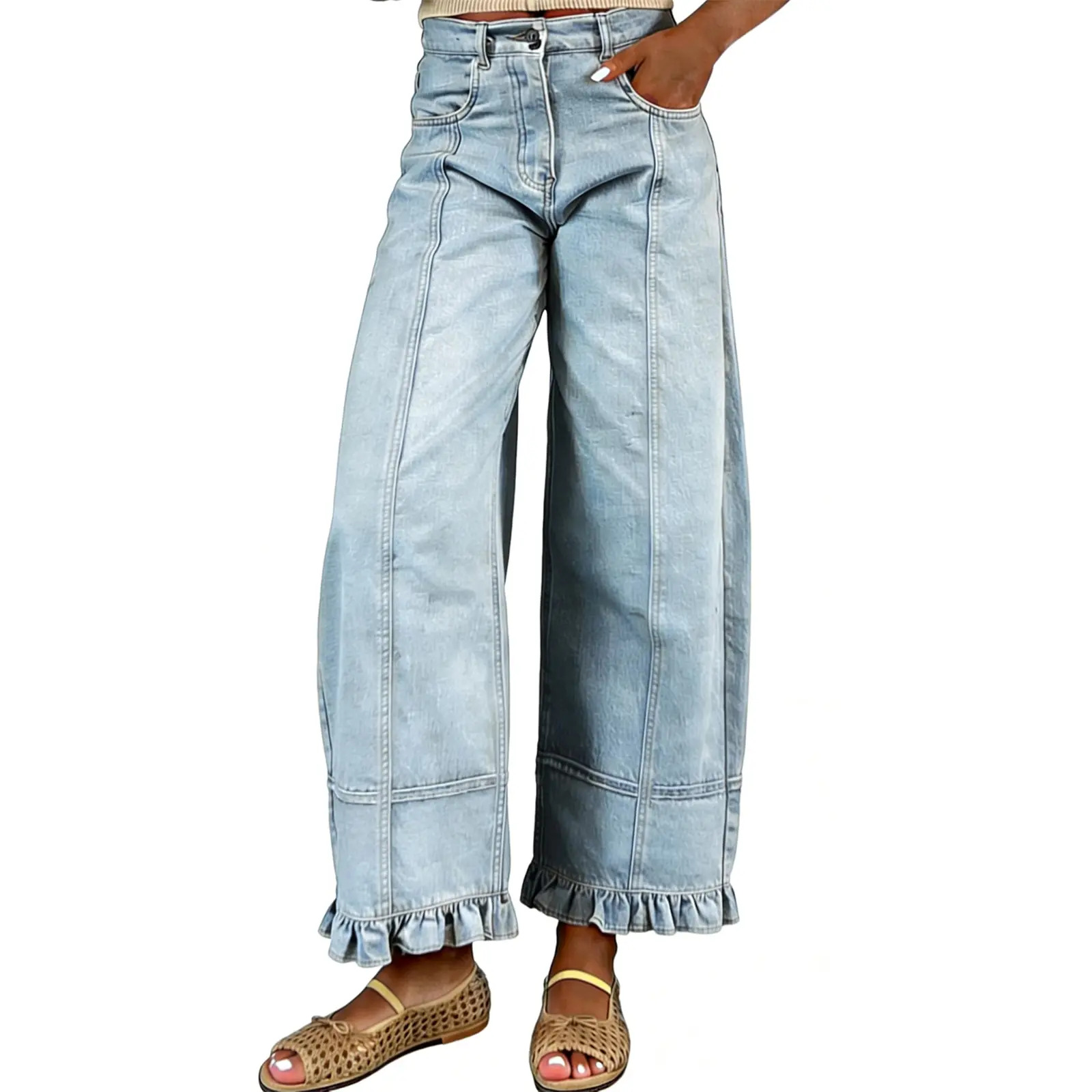 Women's Barrel-Leg Jeans 2026 Y2K Color-Block Loose Boyfriend-Fit Jeans