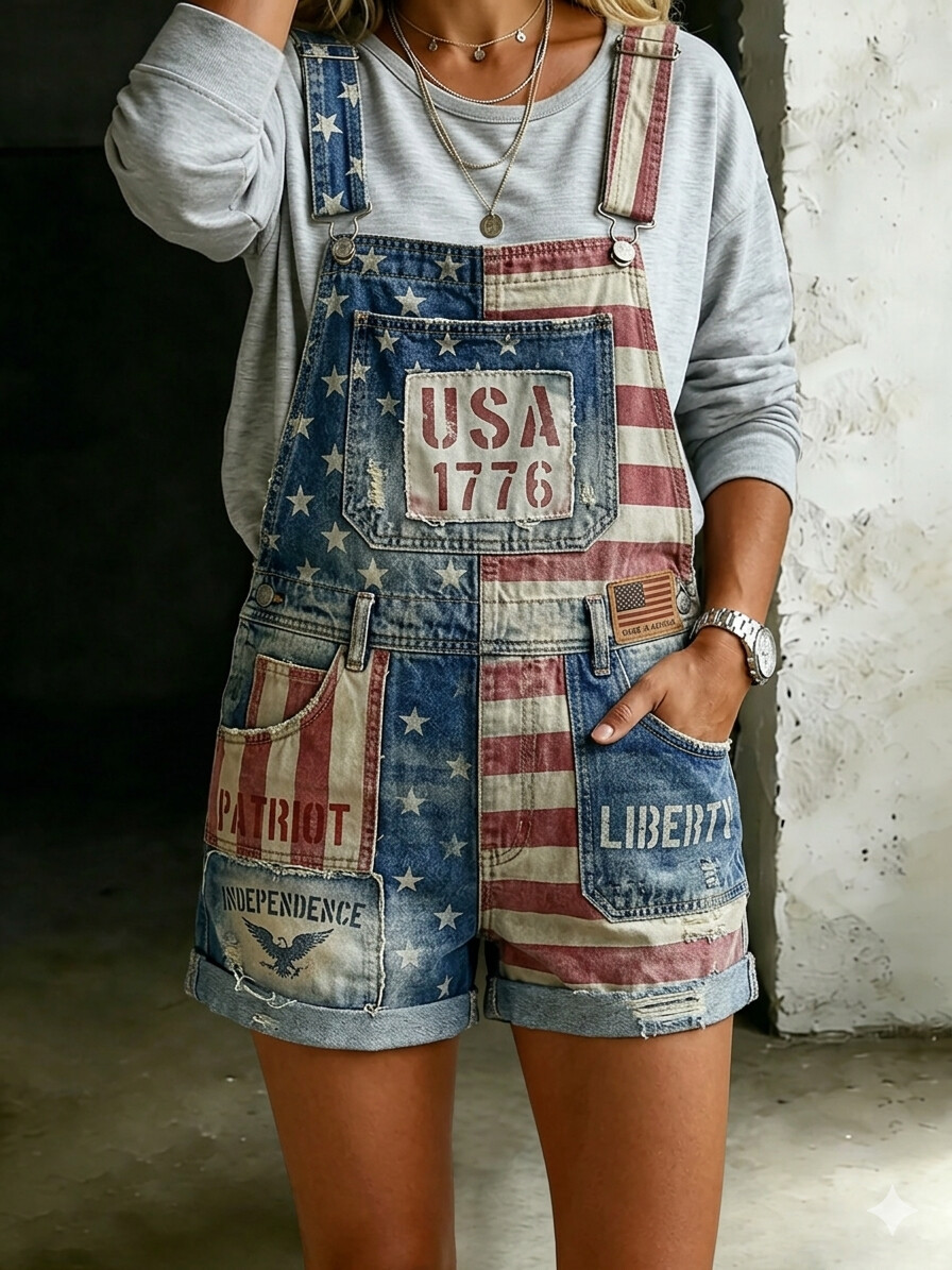 Women's Vintage USA 1776 American Flag Patch Print Casual Shorts Overalls