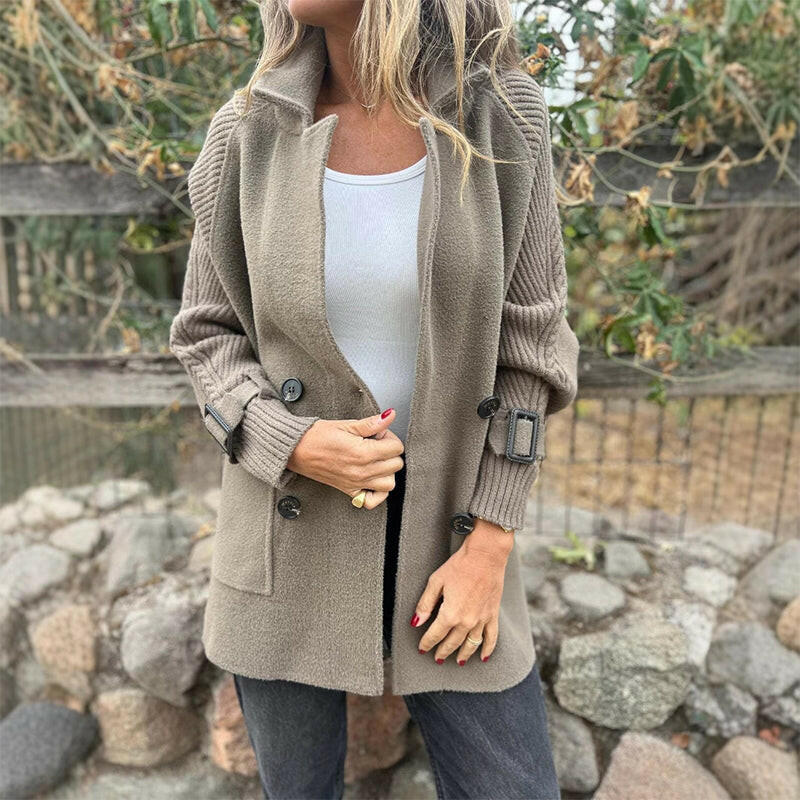 New mid-length women's coat with double-breasted lapel collar, made from double-sided tweed.