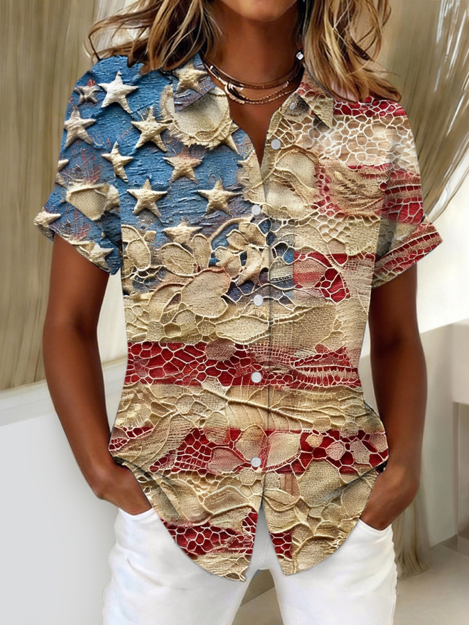 Women's Independence Day Patriotic American Flag Celebration Commemorative Cotton and Hemp Button Shirt