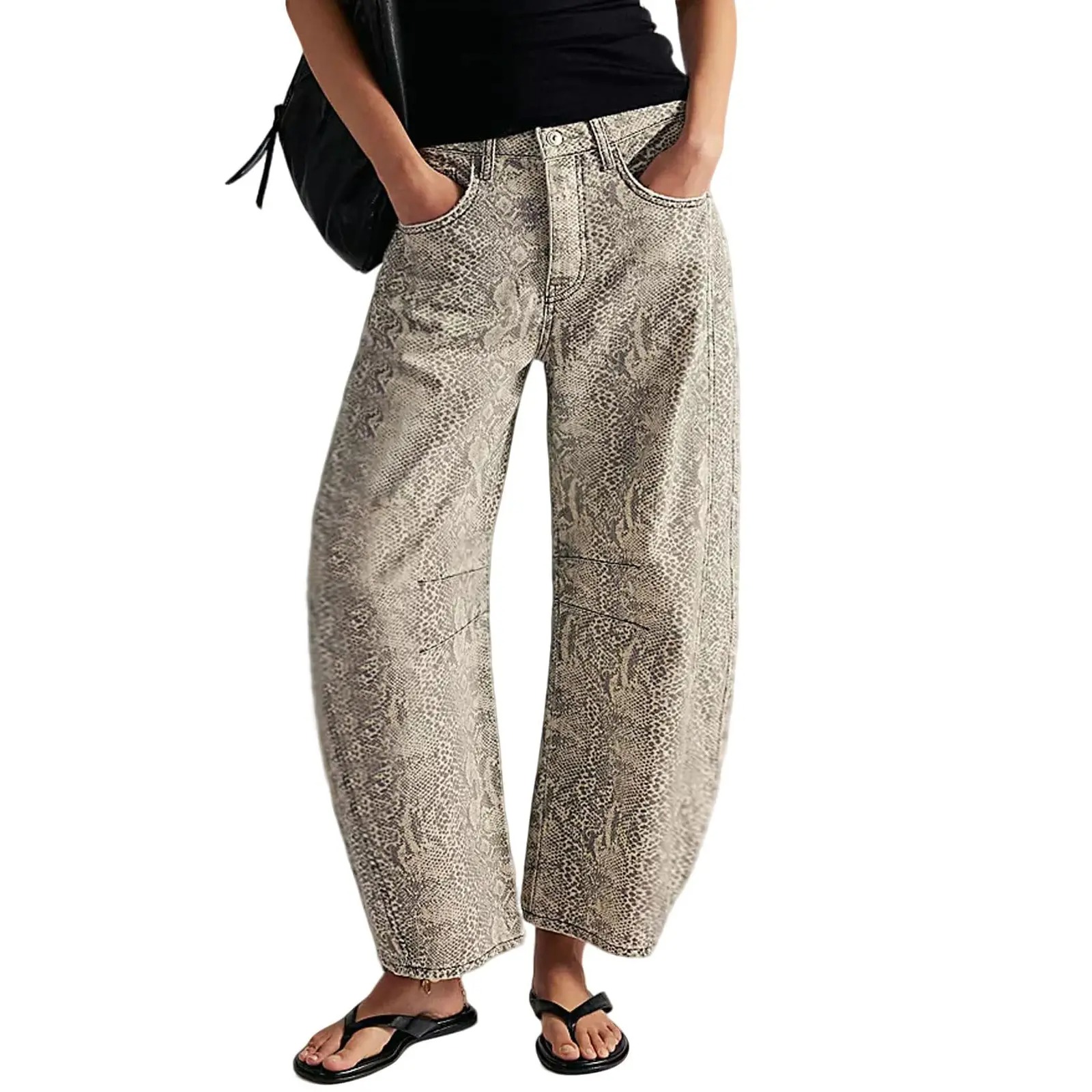 Women’s Printed Wide-Leg Denim Jeans – Y2K Loose Mid-Rise Boho Style
