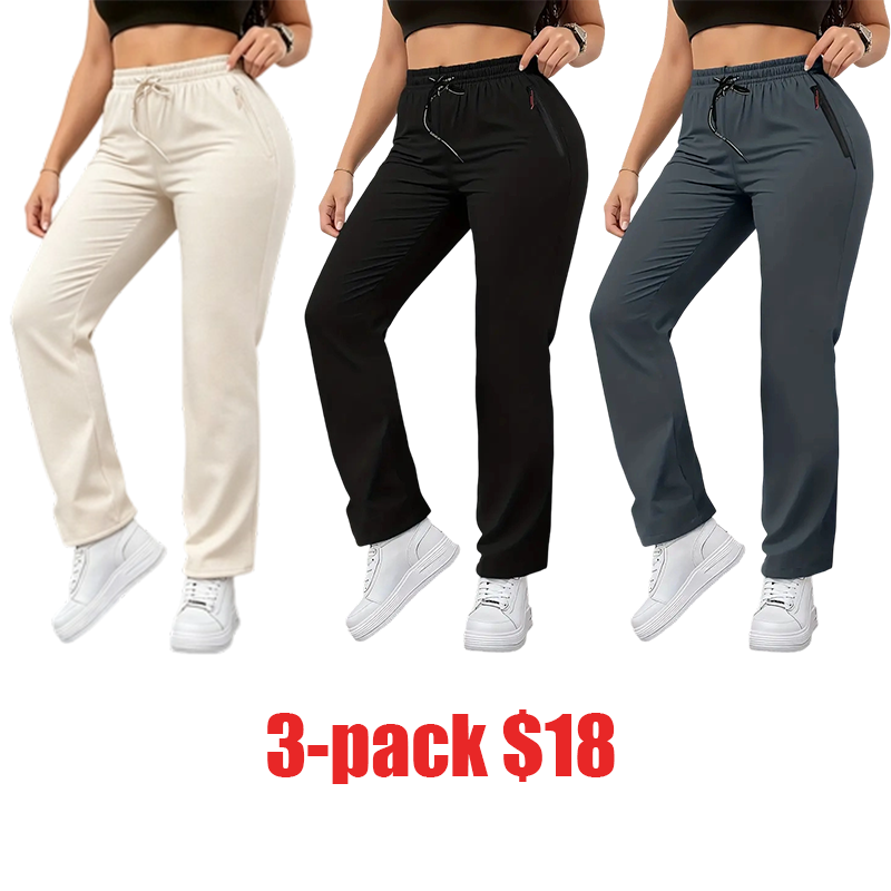 Women's Summer High-Waist Straight-Leg Casual Jogger Pants with Zipper Pockets Fitted Minimalist