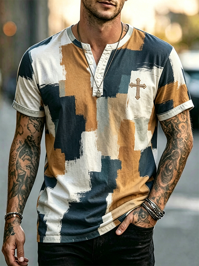 Men's Brush Stroke Color Block Embroidered Cross Henley T-Shirt