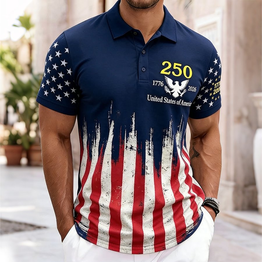 Men'S Casual American Pentagram Flag Gradient Personalized Print Lapel Polo Shirt