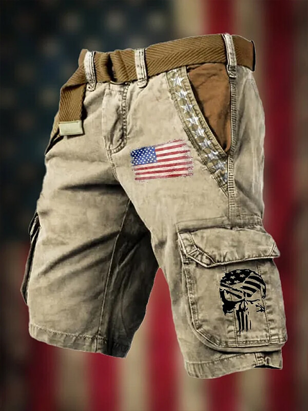 Men's American Flag Skull Art Print Denim-Like Casual Shorts