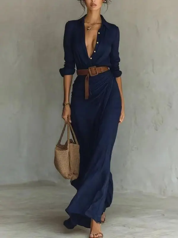 Elegant Autumn Dress for Women, Sexy Solid Color Ruched Design