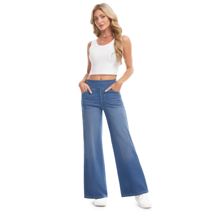 Women's Stretch Wide-Leg Jeans — Loose Fit, High-Waisted with Elastic Band