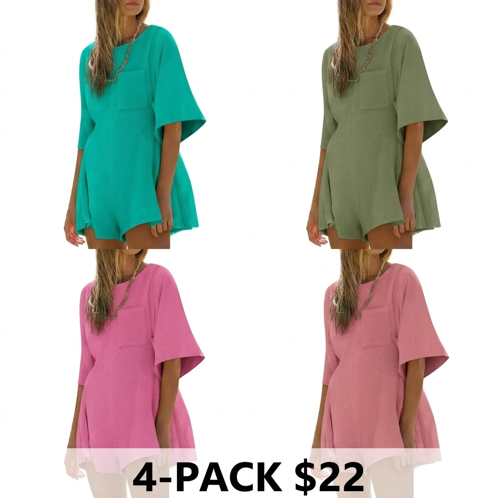 Women's Short Sleeve Loose Jumpsuit – Casual Crew Neck Romper with Pockets