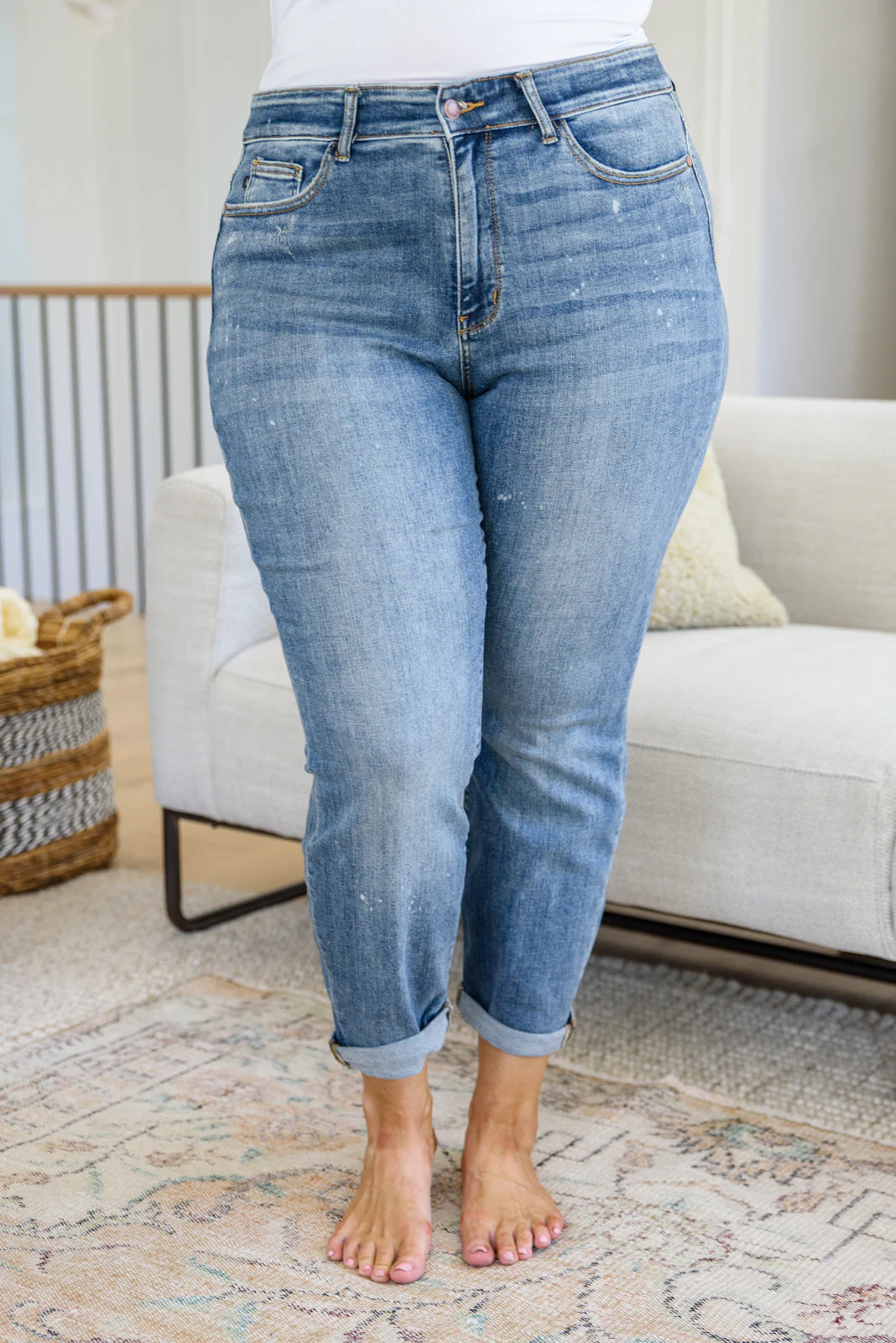 Hi Rise Bleach Splash Boyfriend Jeans