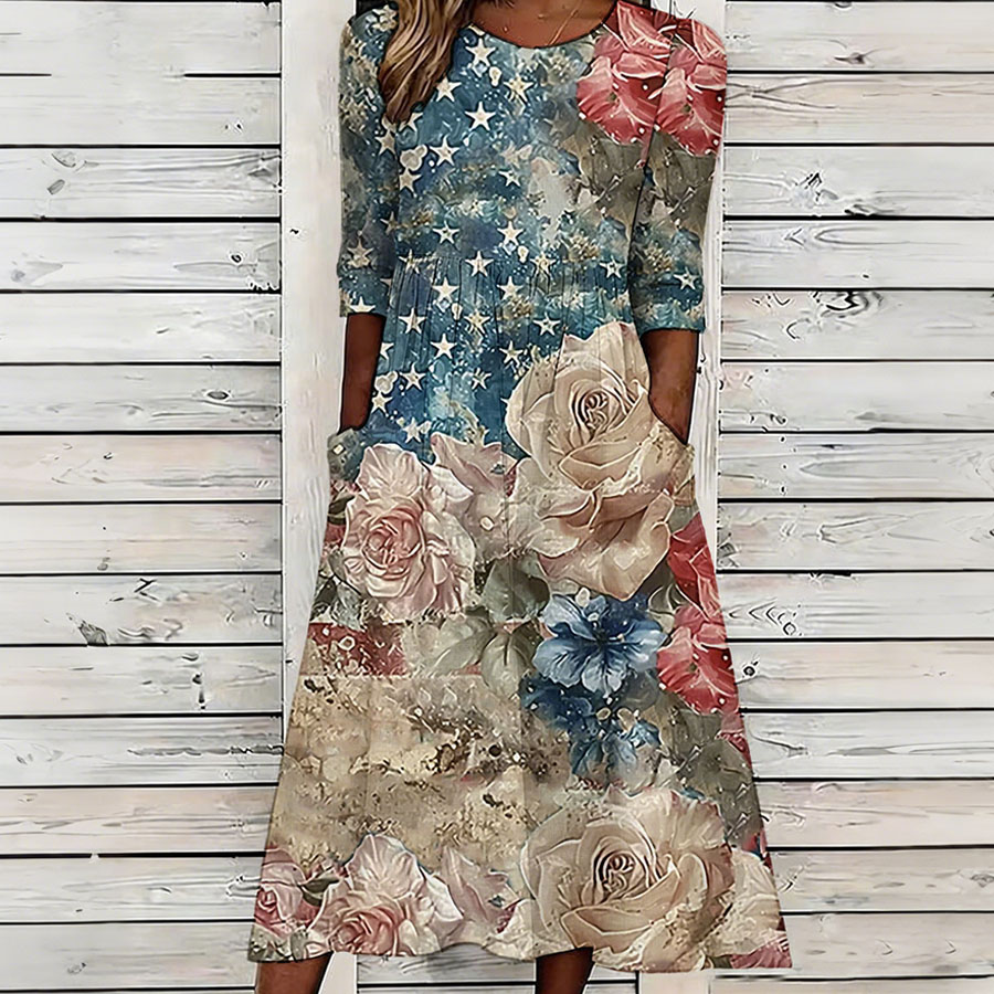 Women'S Retro Floral American Independence Day 250Th Anniversary Printed Casual Dress