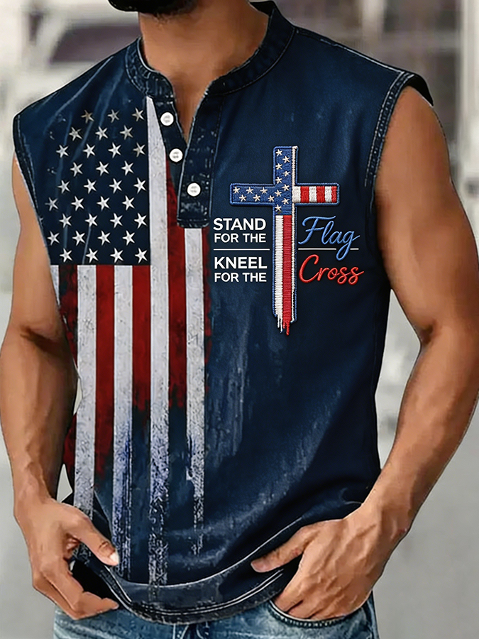 Men's Stand For The Flag Kneel For The Cross USA Flag Sleeveless Top