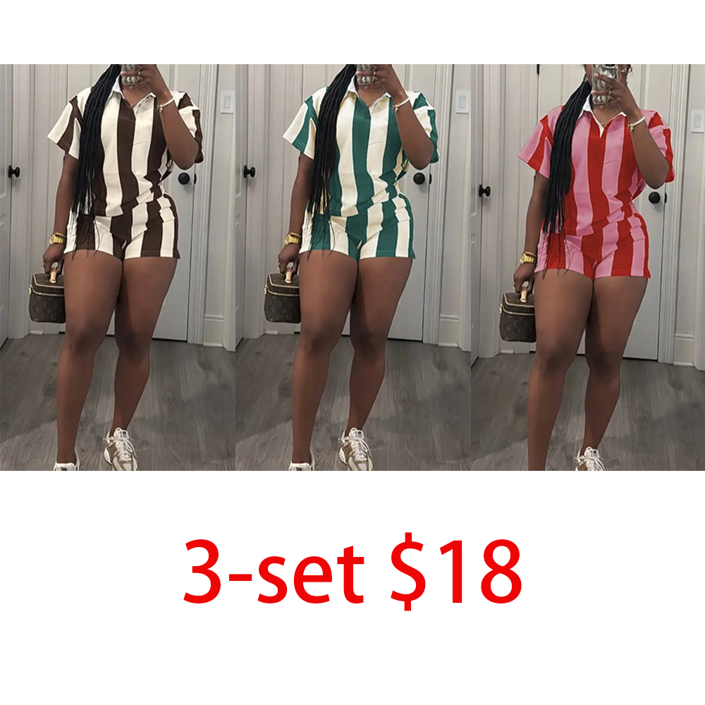 Women's 2026 Spring Two Piece Set Striped Short Sleeve Top & Drawstring Shorts Casual Outfit for Comfort