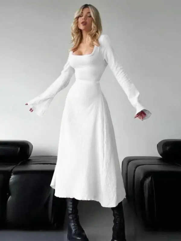 Women's Plain Lace Up Tie Back Flounce Sleeve Dress