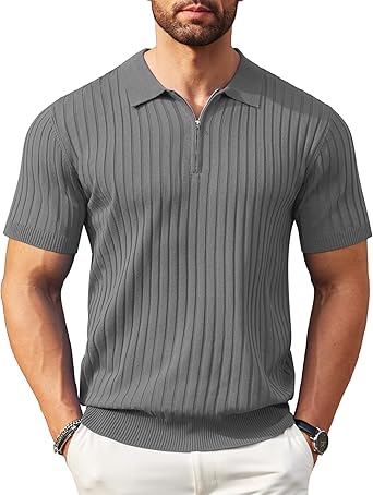 Men's Zipper Polo Shirts Short Sleeve Ribbed Knit Polo T Shirts