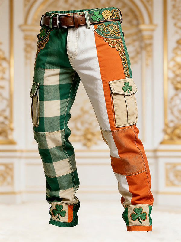 Men's St. Patrick's Day Clover Plaid Print Denim-Like Cargo Pants