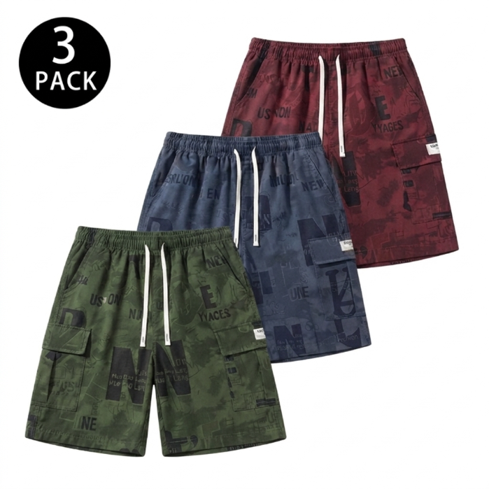 Men’s summer shorts with letter print, drawstring, and multiple pockets