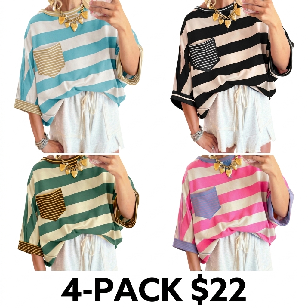 Women's Striped Drop Shoulder Cotton T-Shirt – Loose Fit Half Sleeve Pocket Blouse