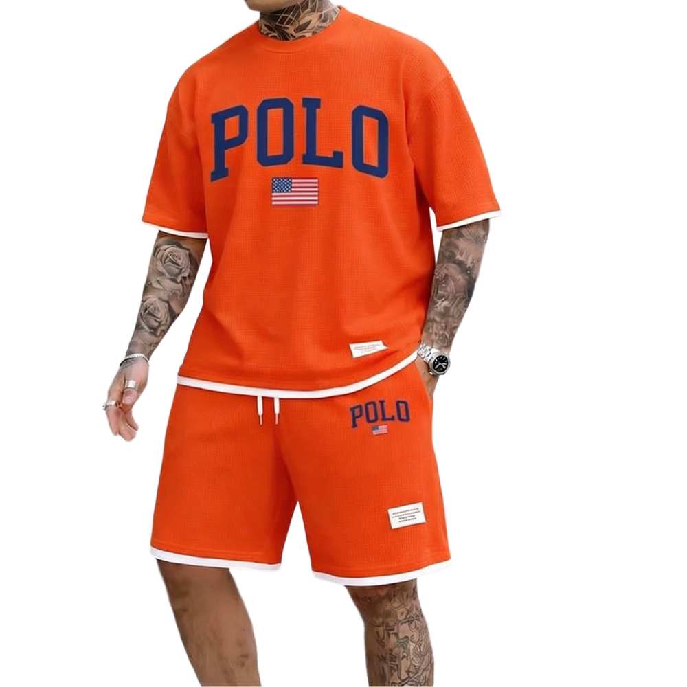Men's Polo Print Drawstring Shorts Set