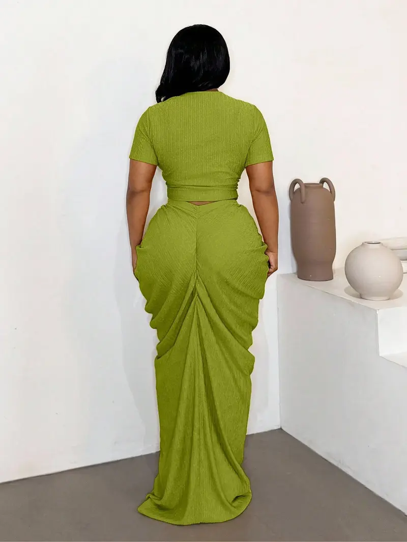 Plus Size Two-Piece Women's Set, Ribbed Short Top & Drawstring Pleated Skirt, Sexy Slim Fit Evening Party Dress
