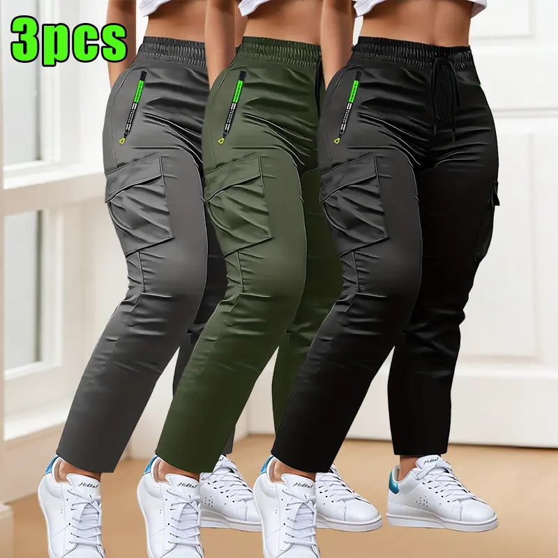 3-Pack women's multi-pocket thin overalls, four-season drawstring fashion pull-pocket design straight casual trousers