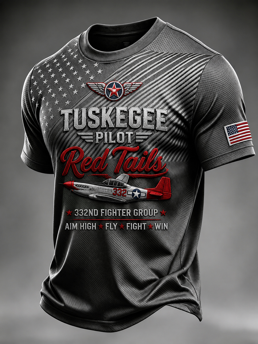 Men's Retro Tuskegee Pilot Red Tail Print  Casual T-Shirt