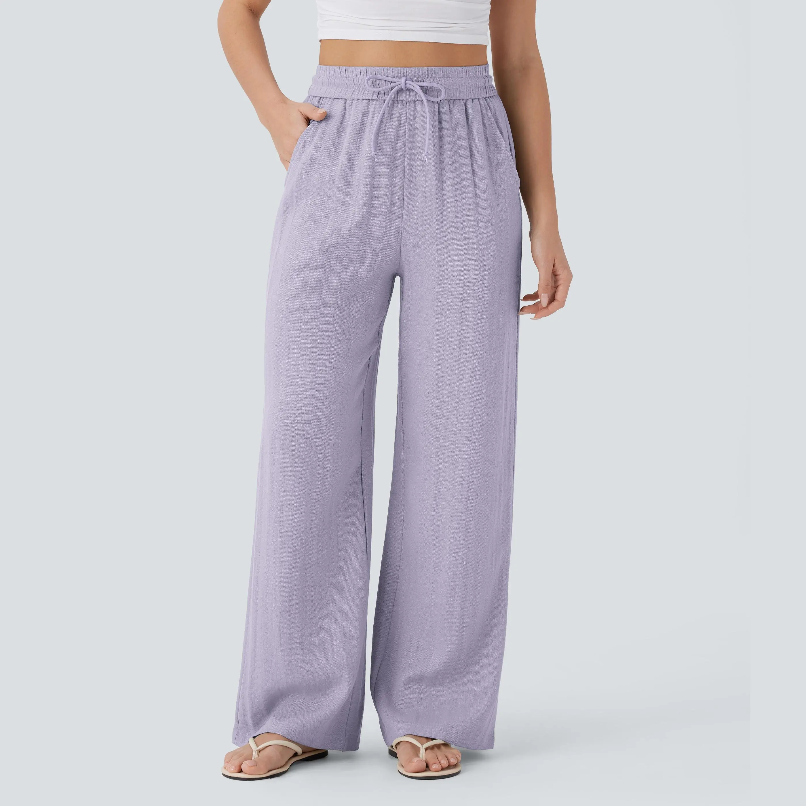 [Creator's Pick] High-Waisted, Drawstring, Pocketed, Wide-Leg Casual Trousers (Faux Linen)