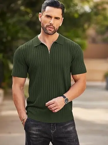 New York Fashion Week Men's Zipper Polo Shirts Short Sleeve Ribbed Knit Polo T Shirts