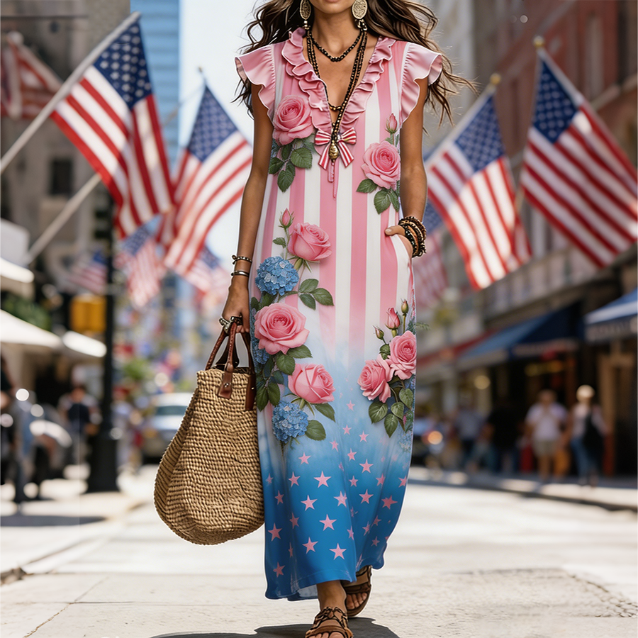 Women's Patriotic Pink White Stripe Rose Floral Star Ruffled Maxi Dress