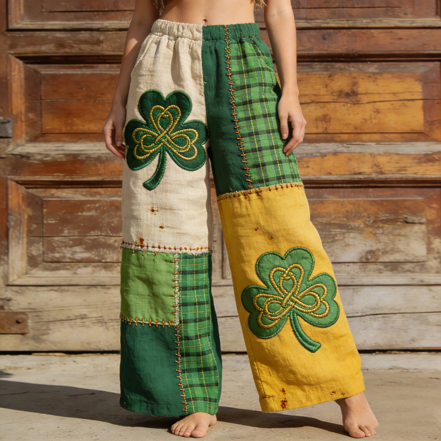 Women's St. Patrick's Day Shamrock Plaid Patchwork Print Casual Pants